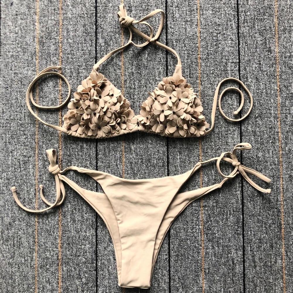 New Sexy 3D Flowers Brazilian Triangle Bikini Set - Picture 3 of 11